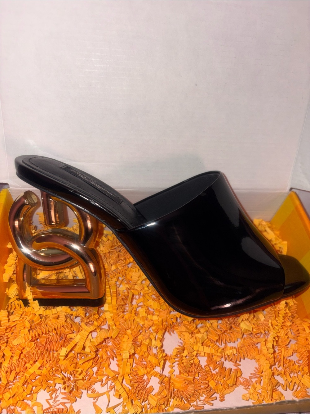 Dolce & Gabbana Black Patent Mule with Sculptural Gold Chain Heel